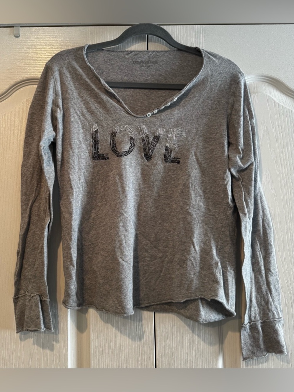 Zadig & Voltaire Gray Cotton LOVE Embellished Long-Sleeve Tee - Size M
